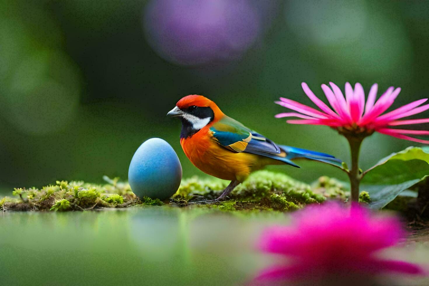 photo wallpaper bird, the flower, the grass, the water, the bird, the egg,. AI-Generated