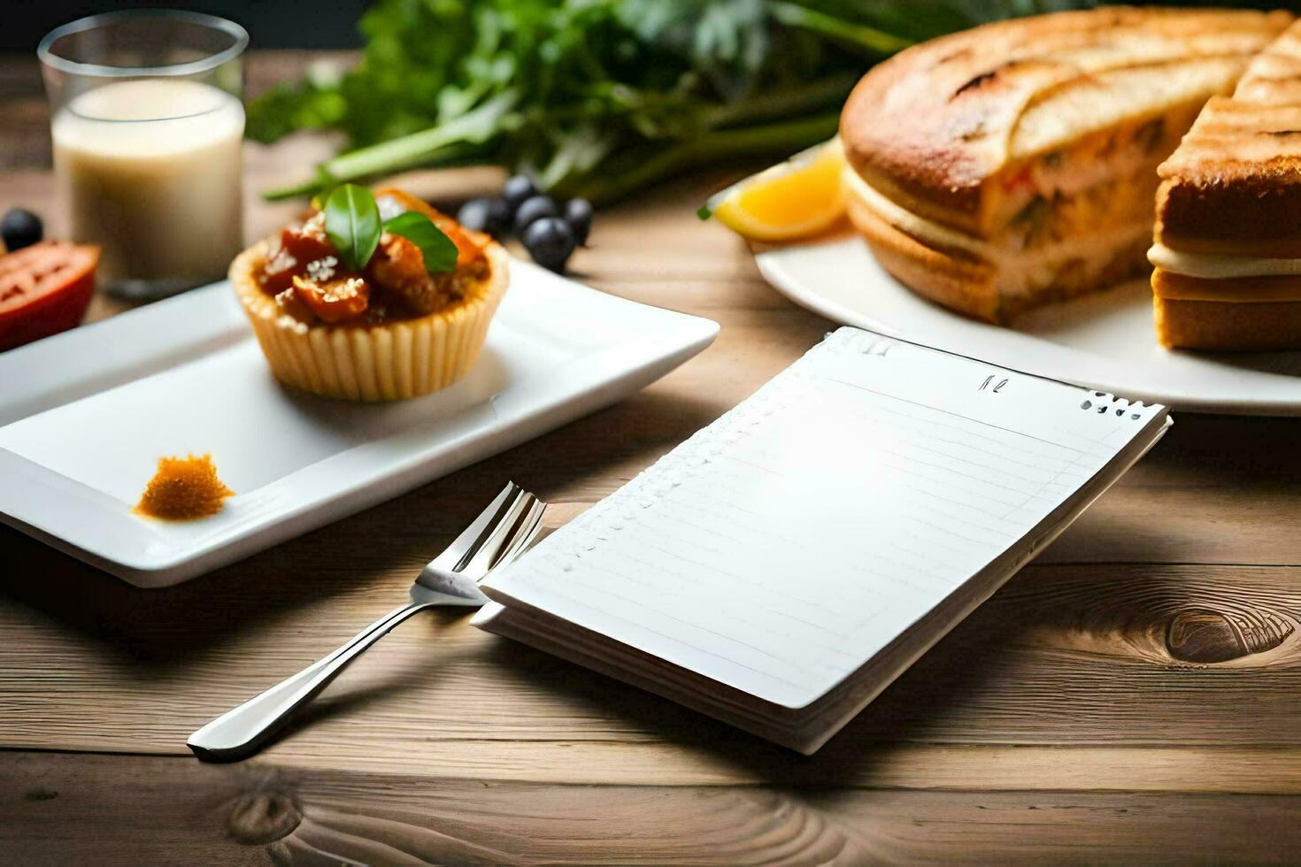 un bloc, magdalena y tenedor sentar en un mesa siguiente a un plato de alimento. generado por ai foto