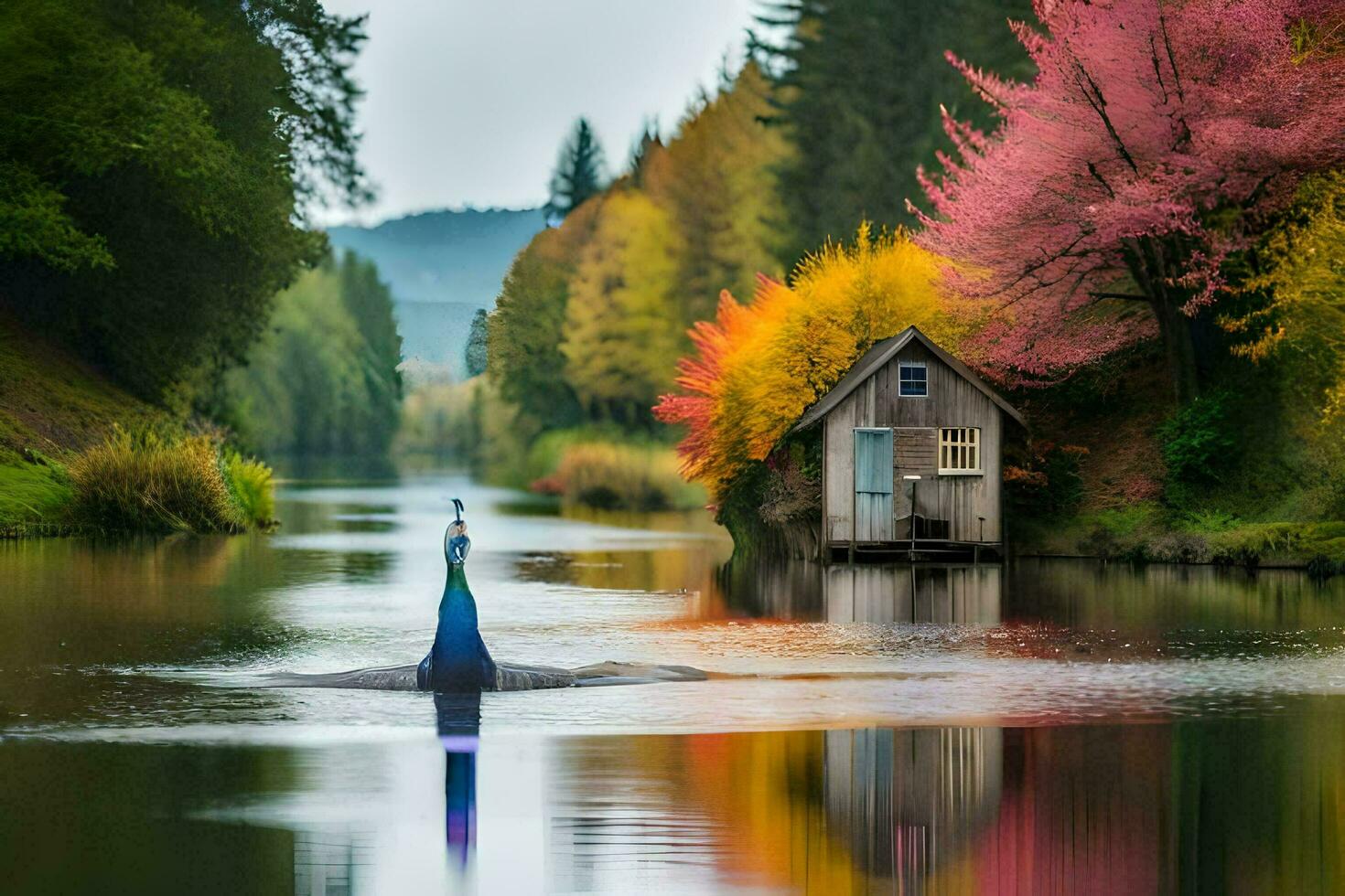a blue bird is floating on the water in front of a house. AI-Generated photo