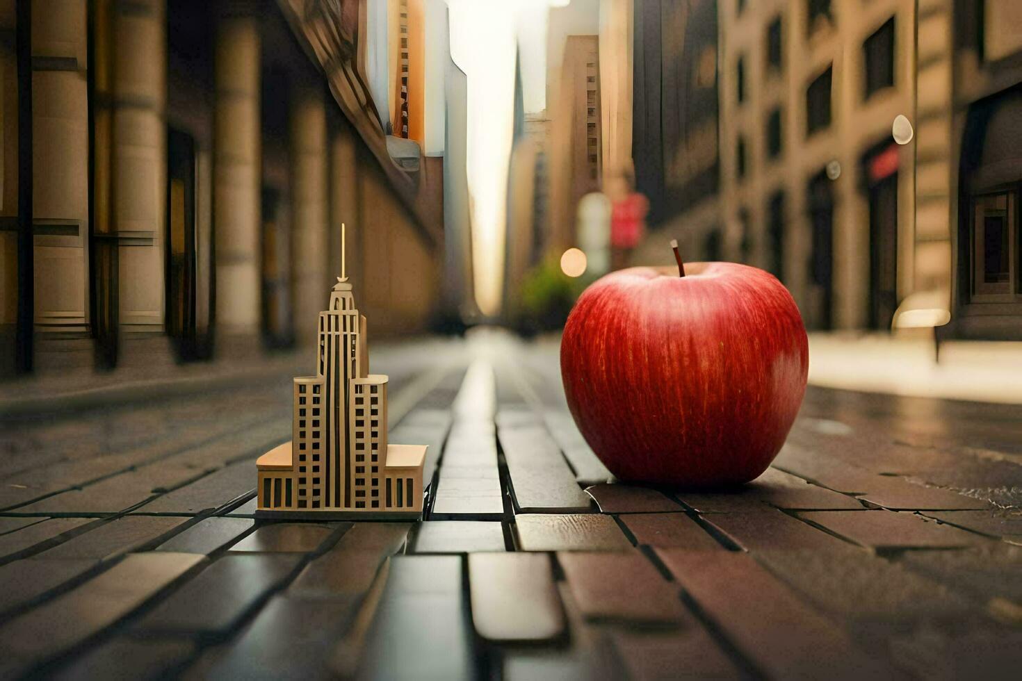 an apple and a building in a city street. AI-Generated photo