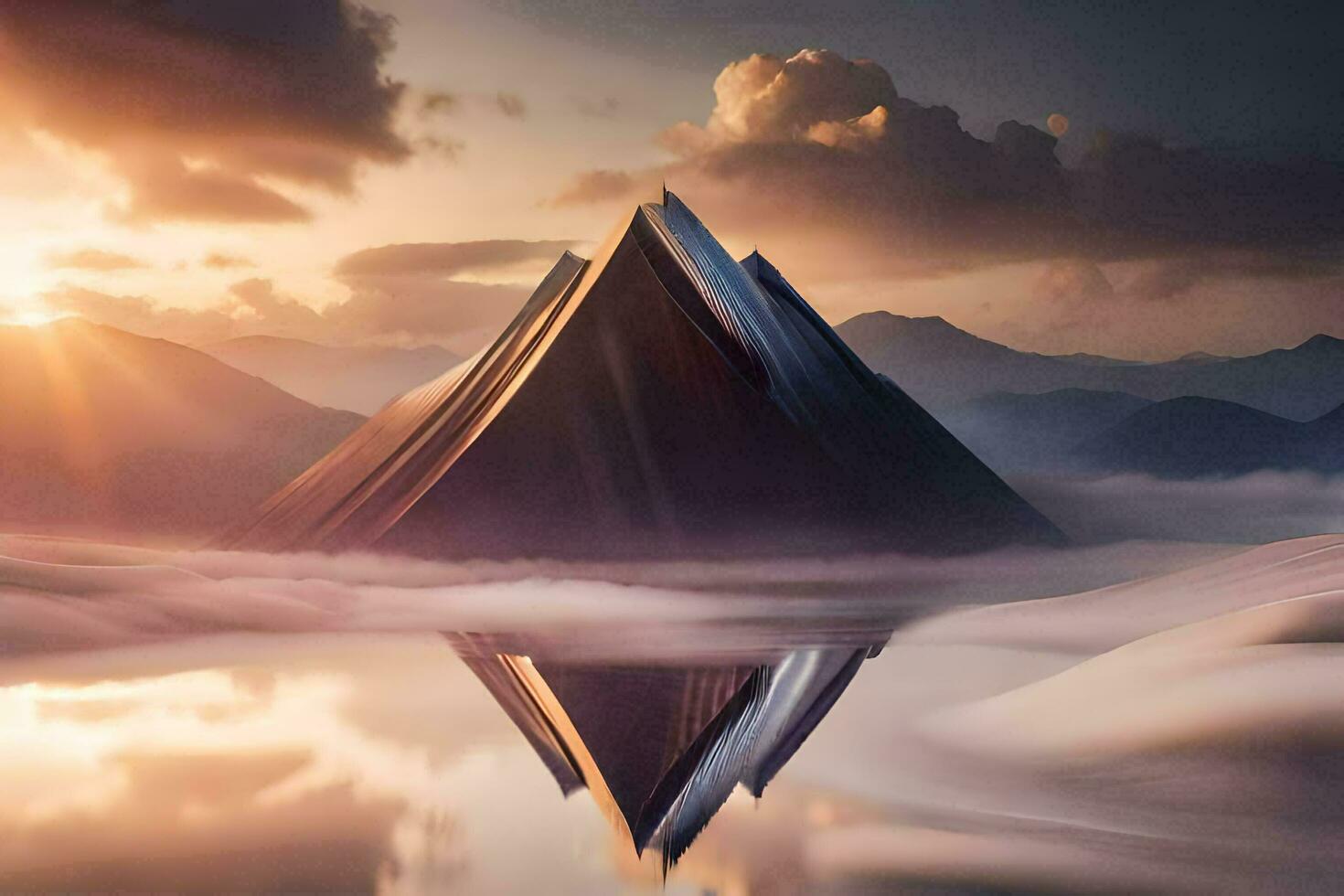 a mountain with a reflection in the water. AI-Generated photo