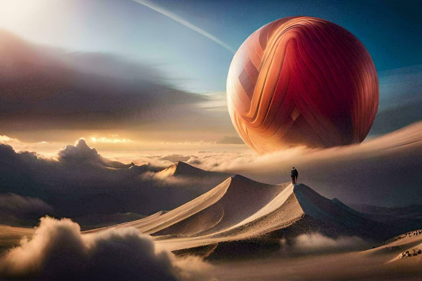 a man stands on top of a mountain with a red sphere in the sky. AI-Generated photo