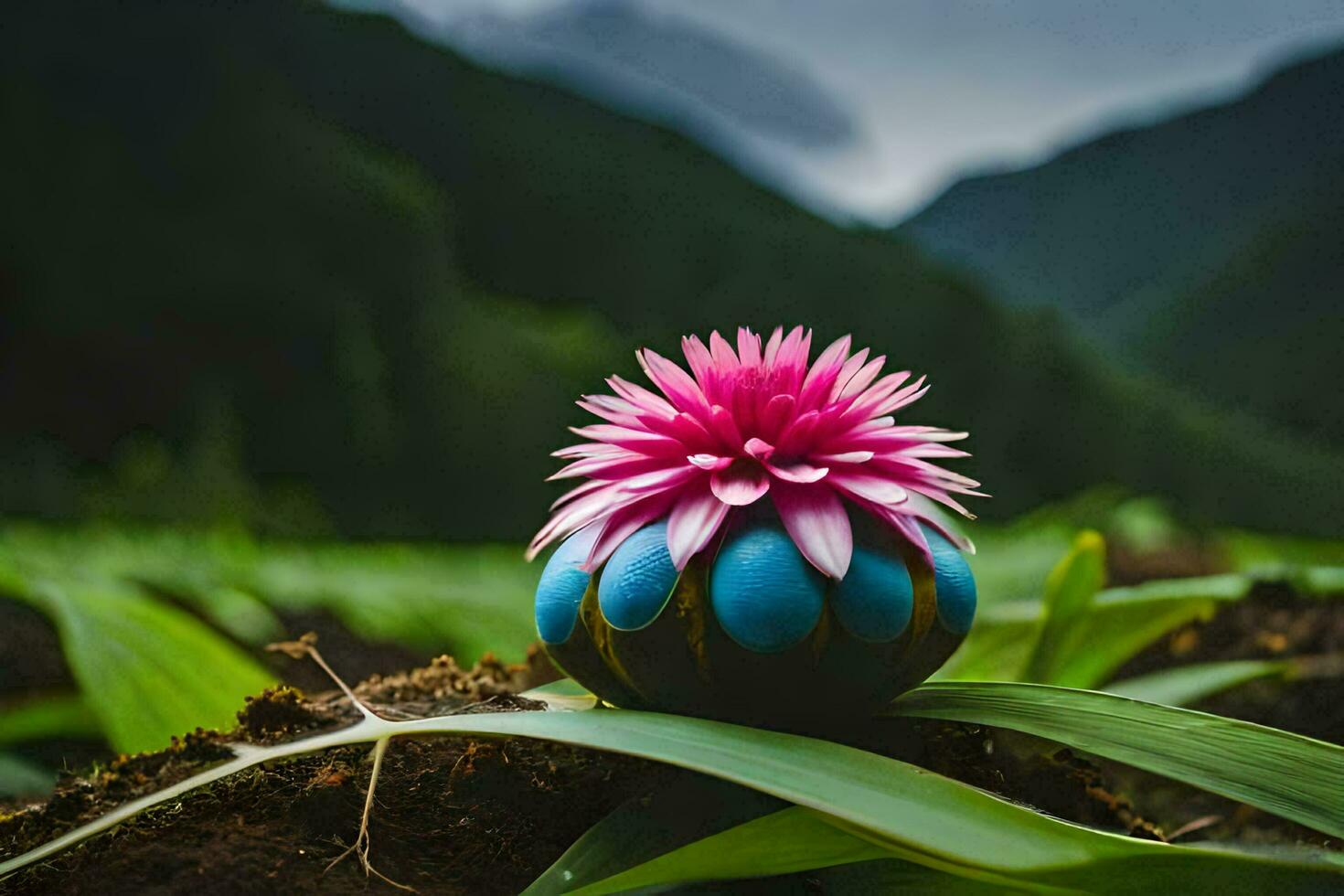 a blue flower sits on top of a green plant. AI-Generated photo