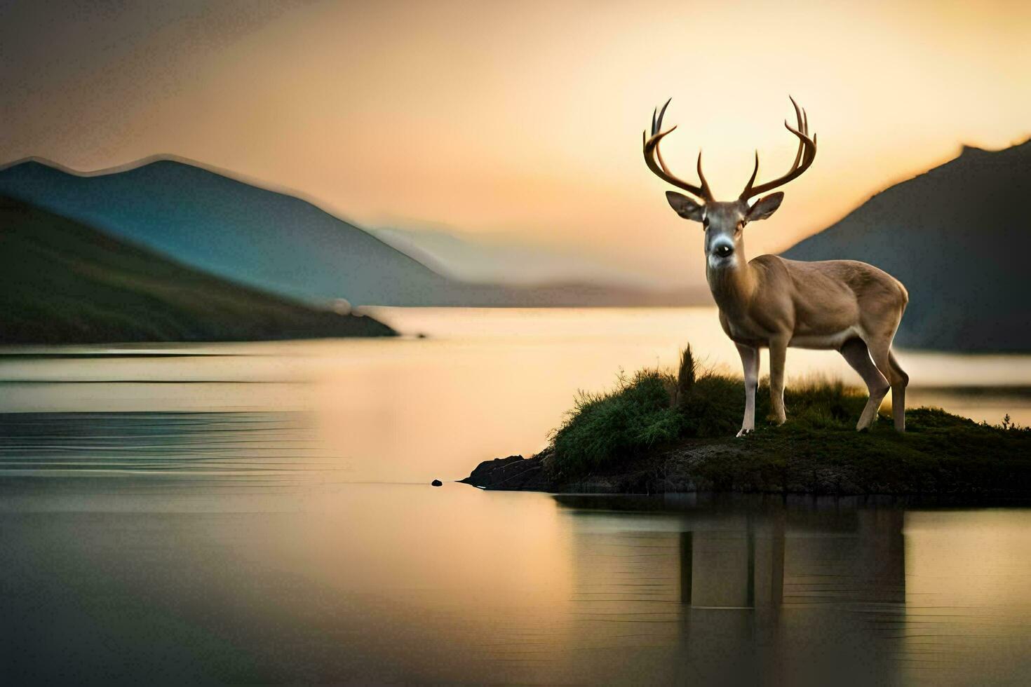 a deer stands on a rock in front of a lake. AI-Generated photo