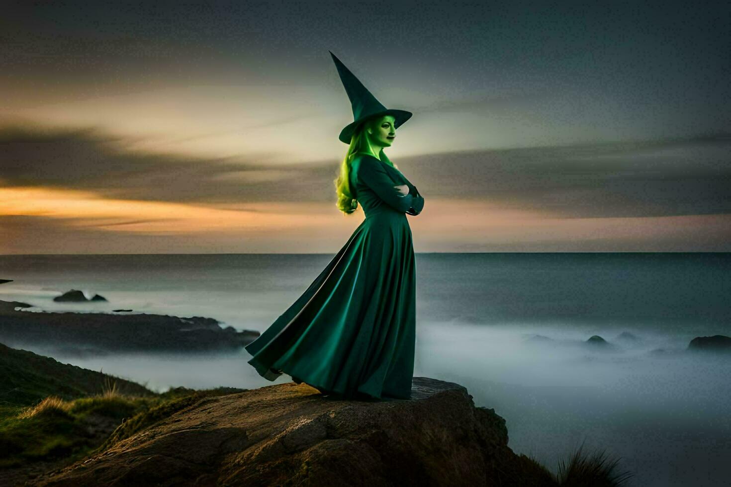un mujer en un verde vestir en pie en un rock con vista a el océano. generado por ai foto
