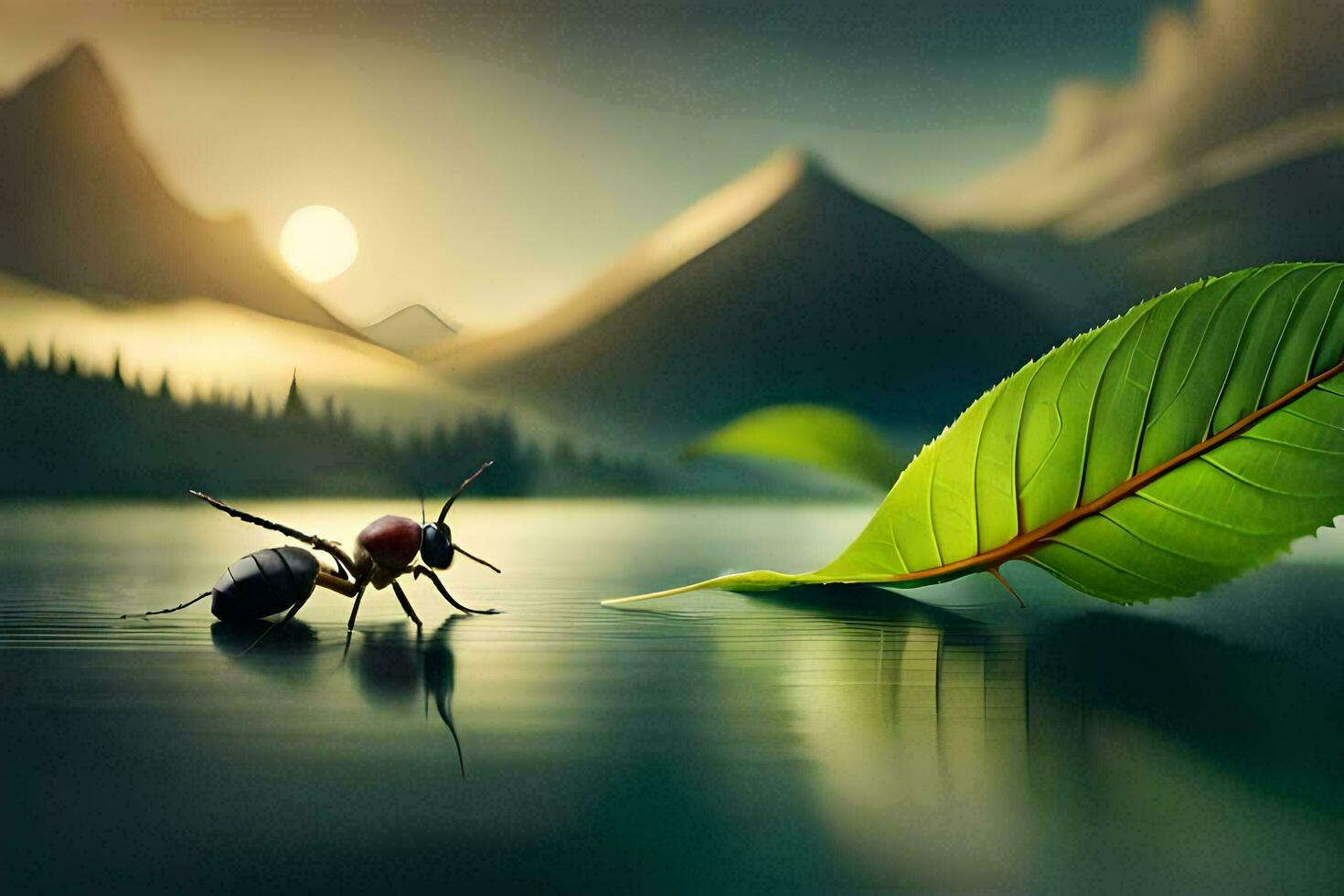 ant on a leaf, mountains, water, nature, insects, hd wallpaper. AI-Generated photo