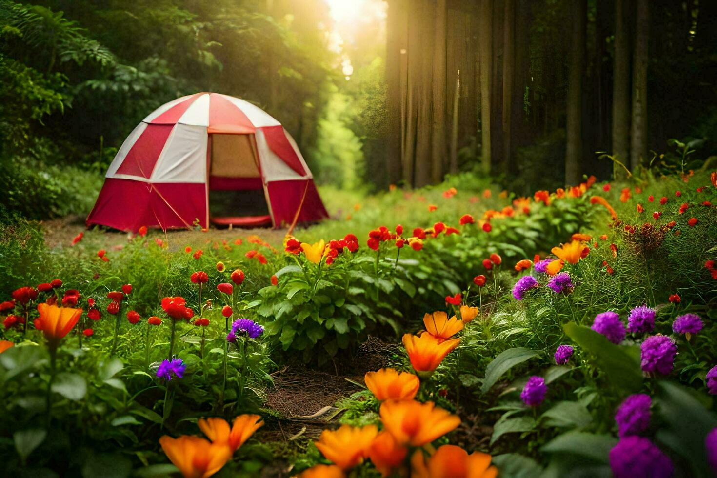 a tent is set up in the middle of a field with flowers. AI-Generated photo