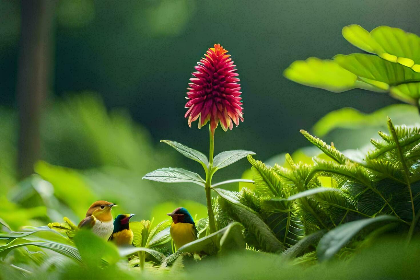 foto fondo de pantalla aves, el sol, flores, verde, plantas, el selva, aves, el. generado por ai