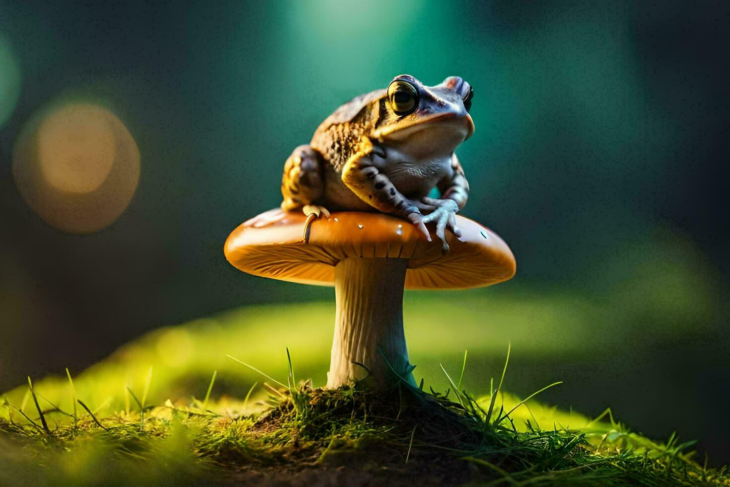 a frog sitting on top of a mushroom. AI-Generated photo