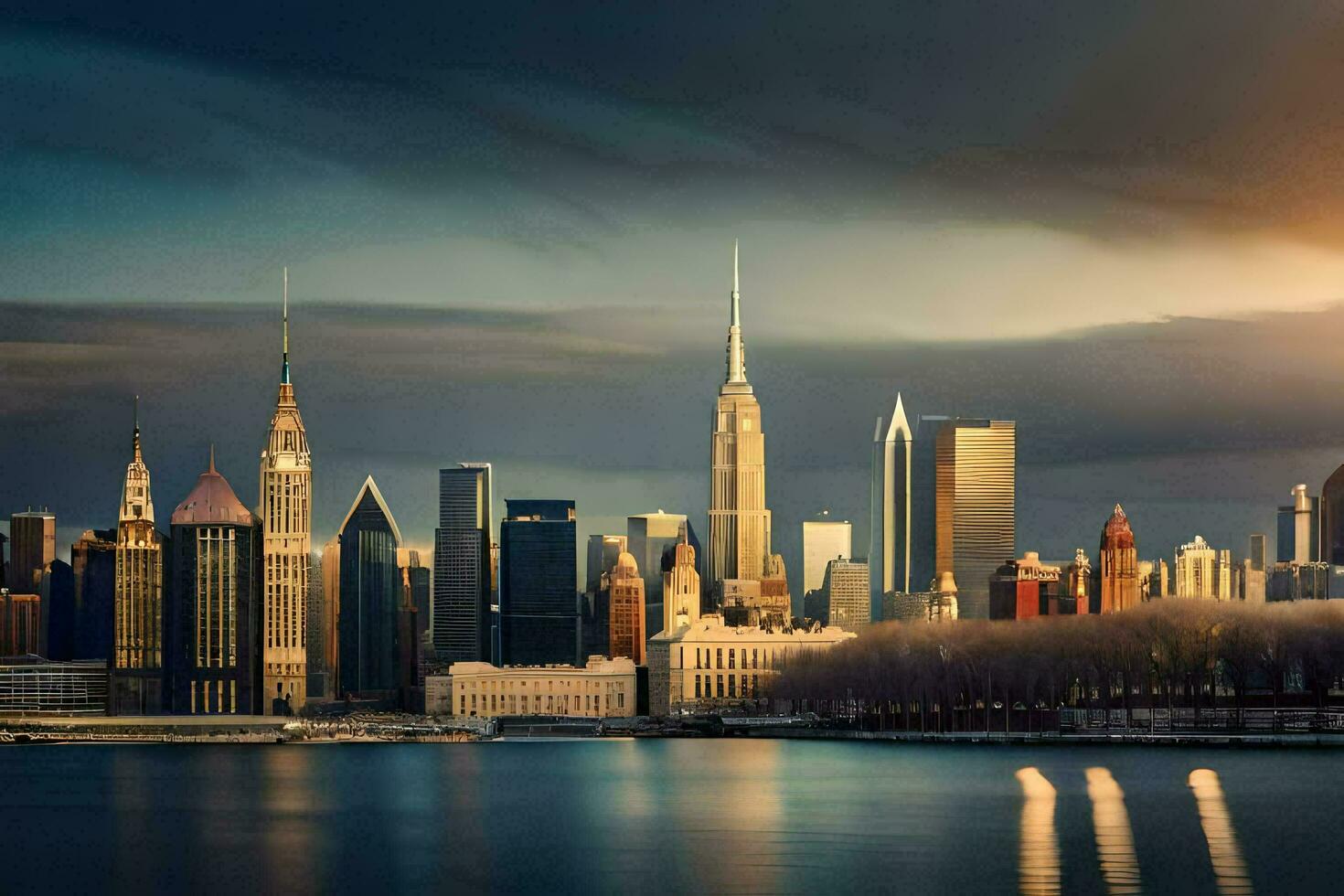 the new york city skyline is seen in this photo. AI-Generated photo