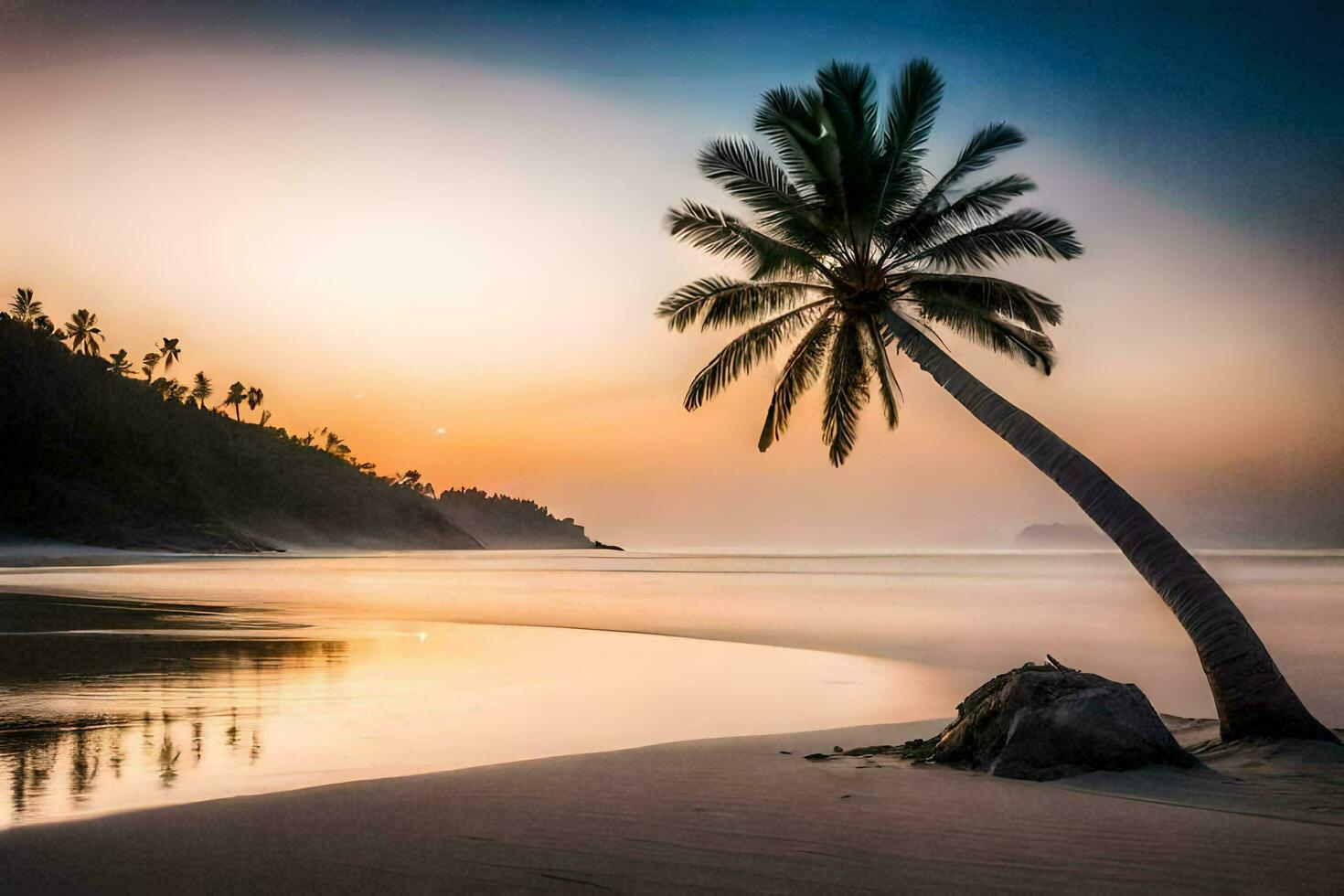 a palm tree stands on the beach at sunset. AI-Generated photo