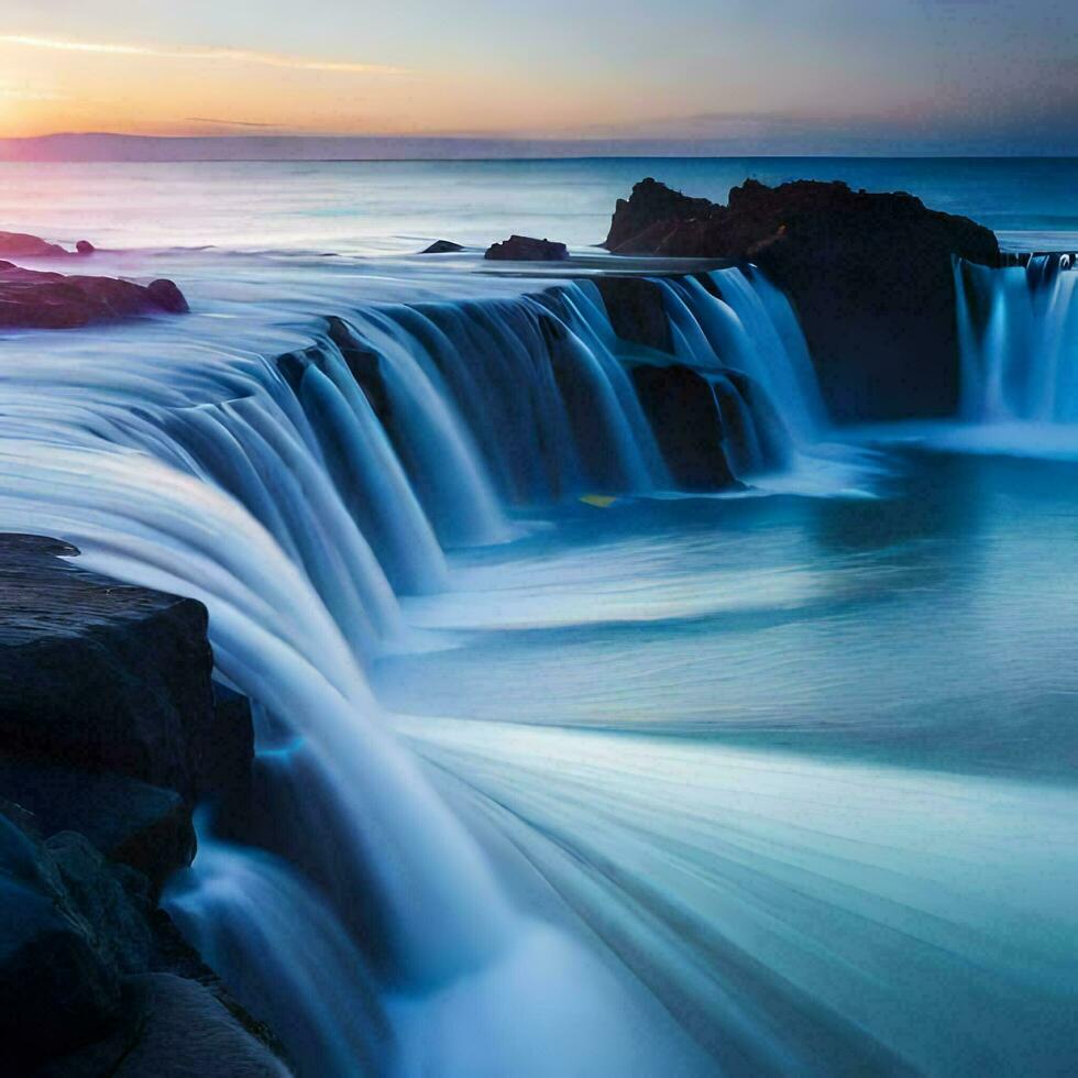 a waterfall flows over rocks at sunset. AI-Generated photo