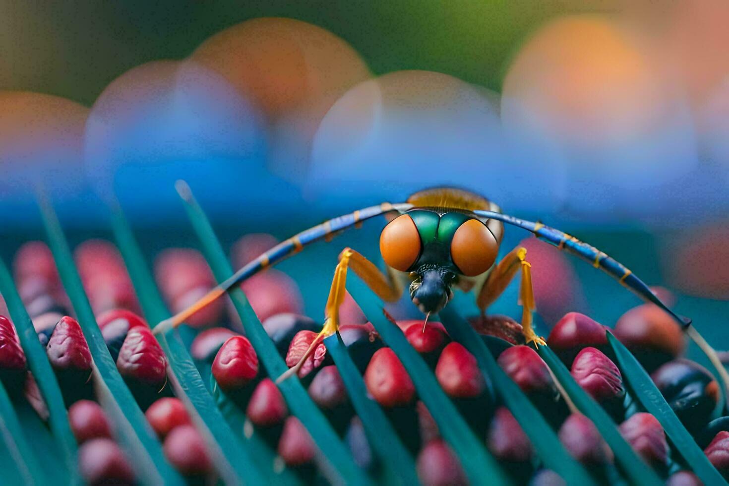 a wasp on a red and green plant. AI-Generated photo