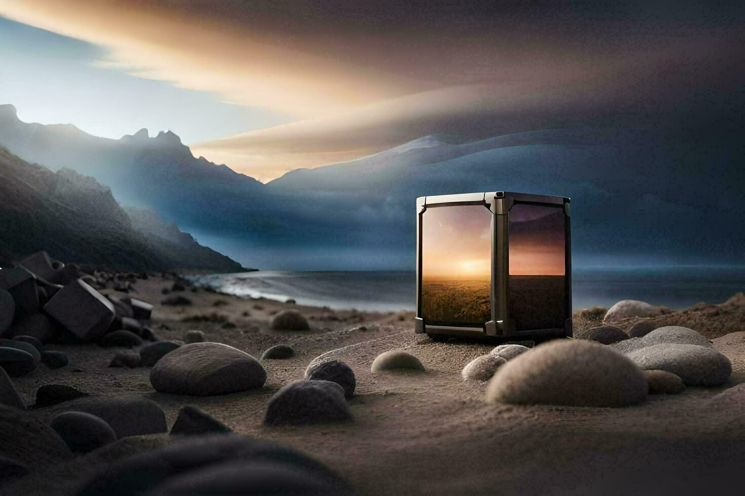 a small box sitting on the beach with rocks. AI-Generated photo