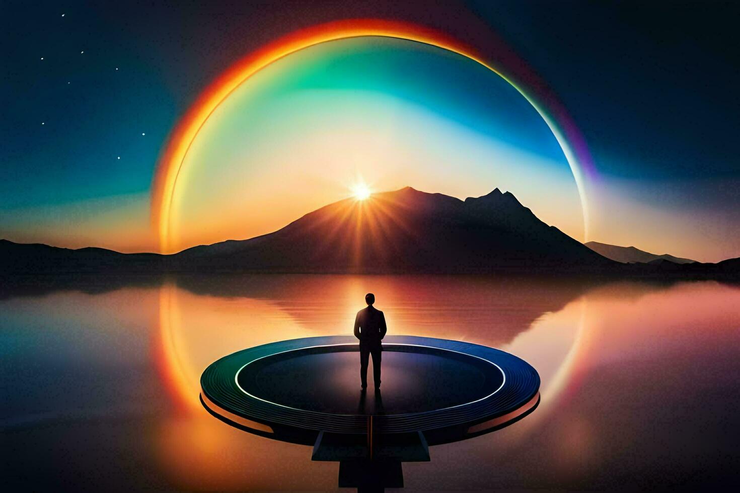 a man stands on a platform looking at a rainbow. AI-Generated photo