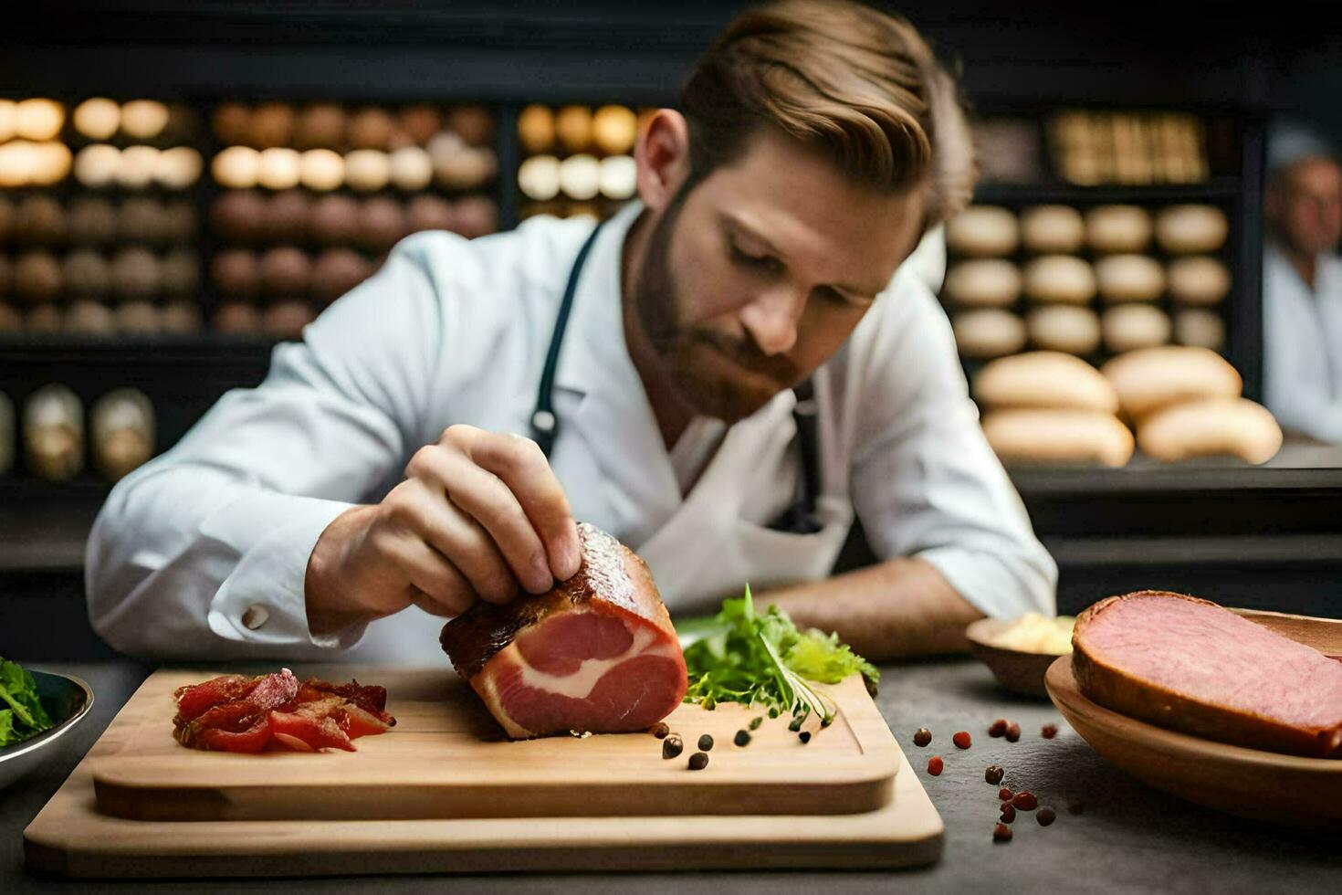 a man in a white shirt is cutting meat on a cutting board. AI-Generated photo