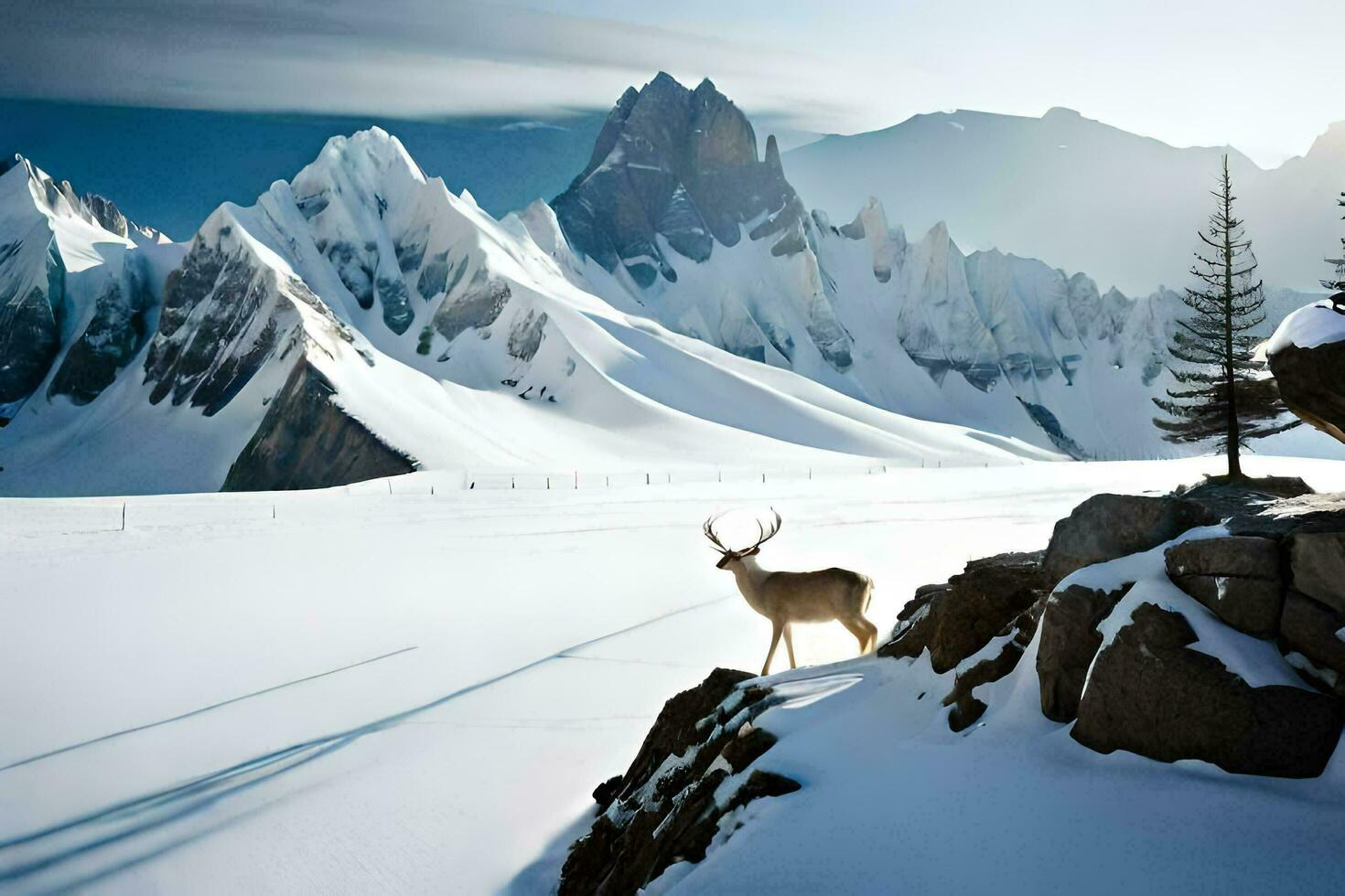 a deer stands on a snowy mountain with trees and mountains in the background. AI-Generated photo