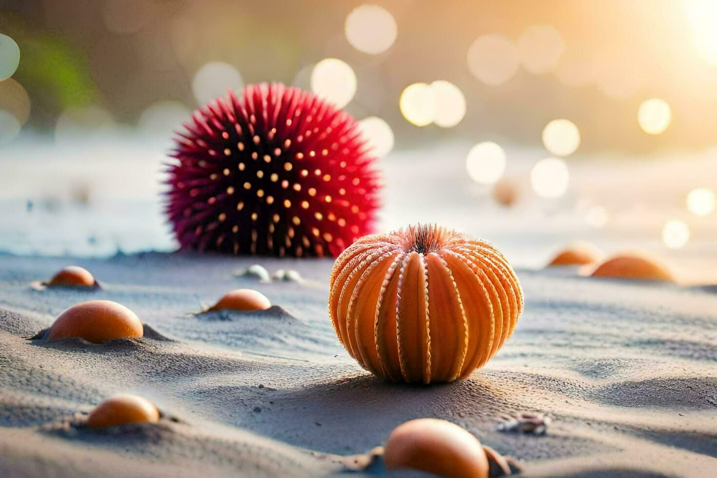 photo wallpaper the beach, sand, orange, spiky, pumpkin, beach, the beach,. AI-Generated
