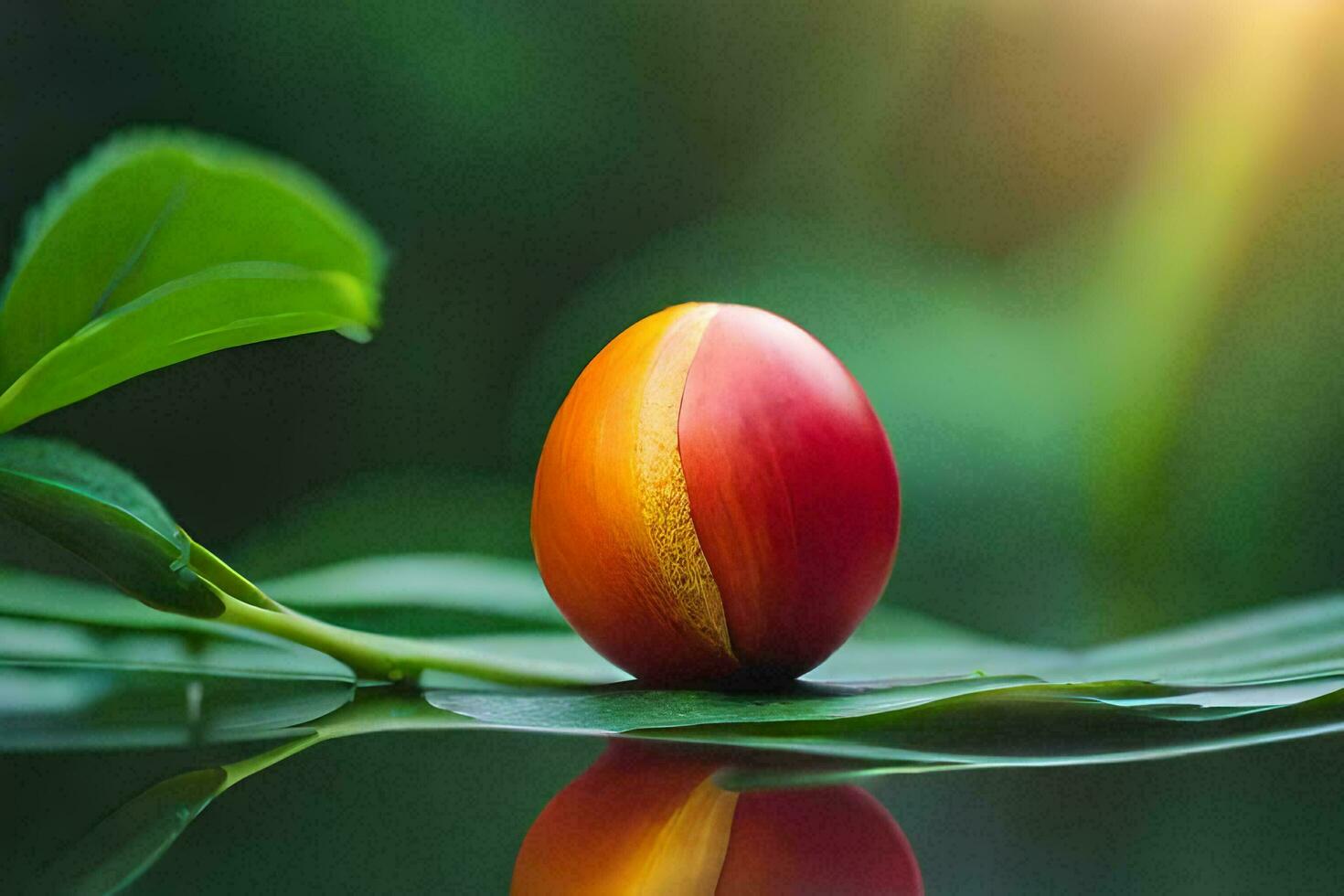 a single orange fruit is sitting on top of a leaf. AI-Generated photo
