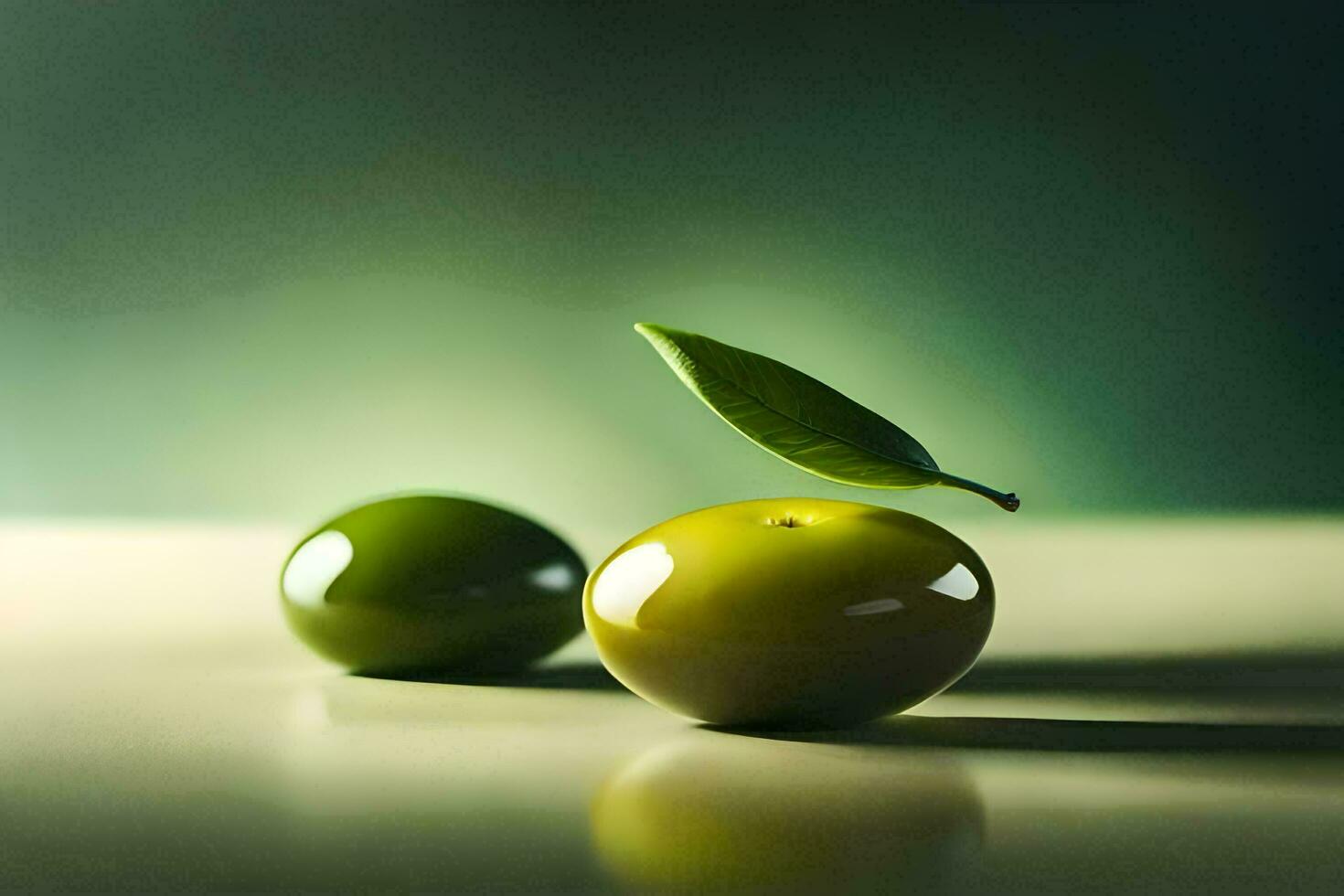 two green olives on a table with a leaf. AI-Generated photo