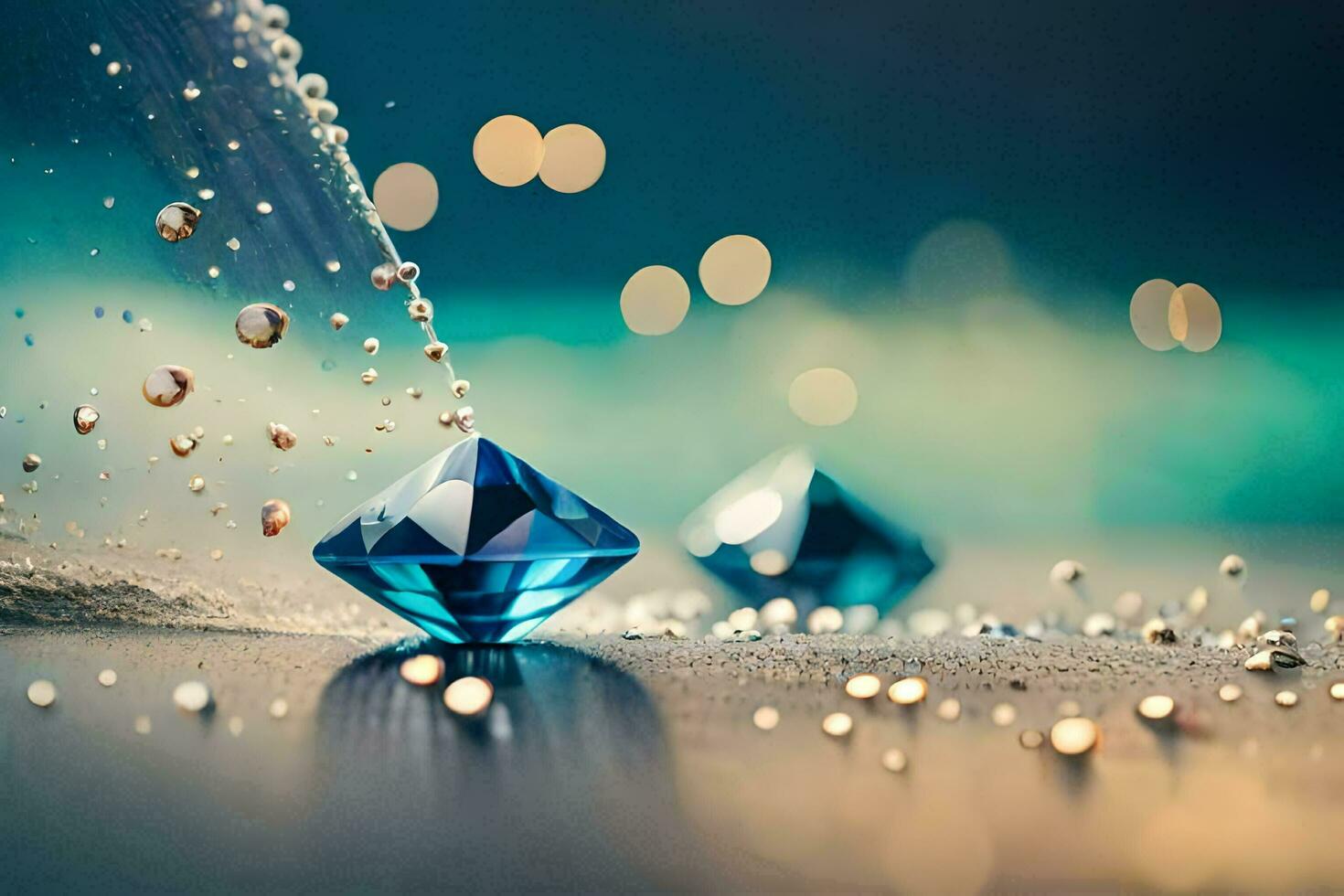 two diamonds are sitting on a table with bubbles. AI-Generated photo