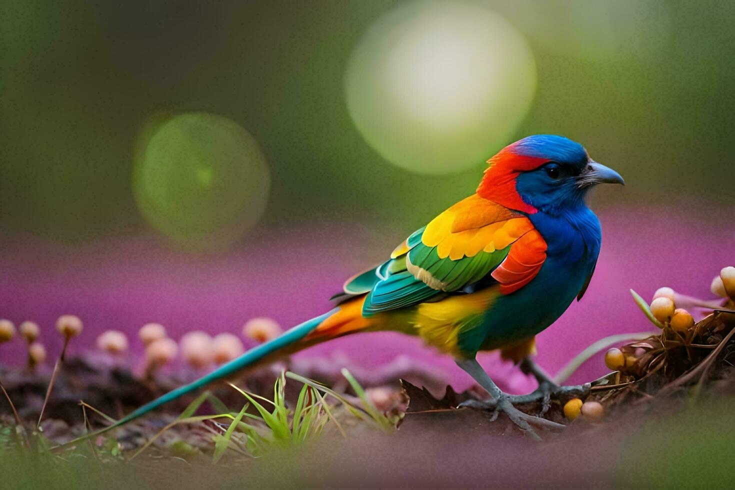 a colorful bird is standing on the ground. AI-Generated photo