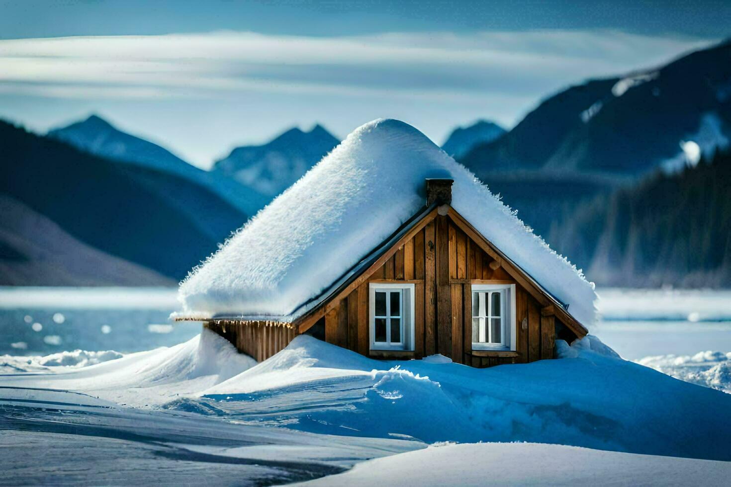 a small wooden house sits in the snow. AI-Generated photo
