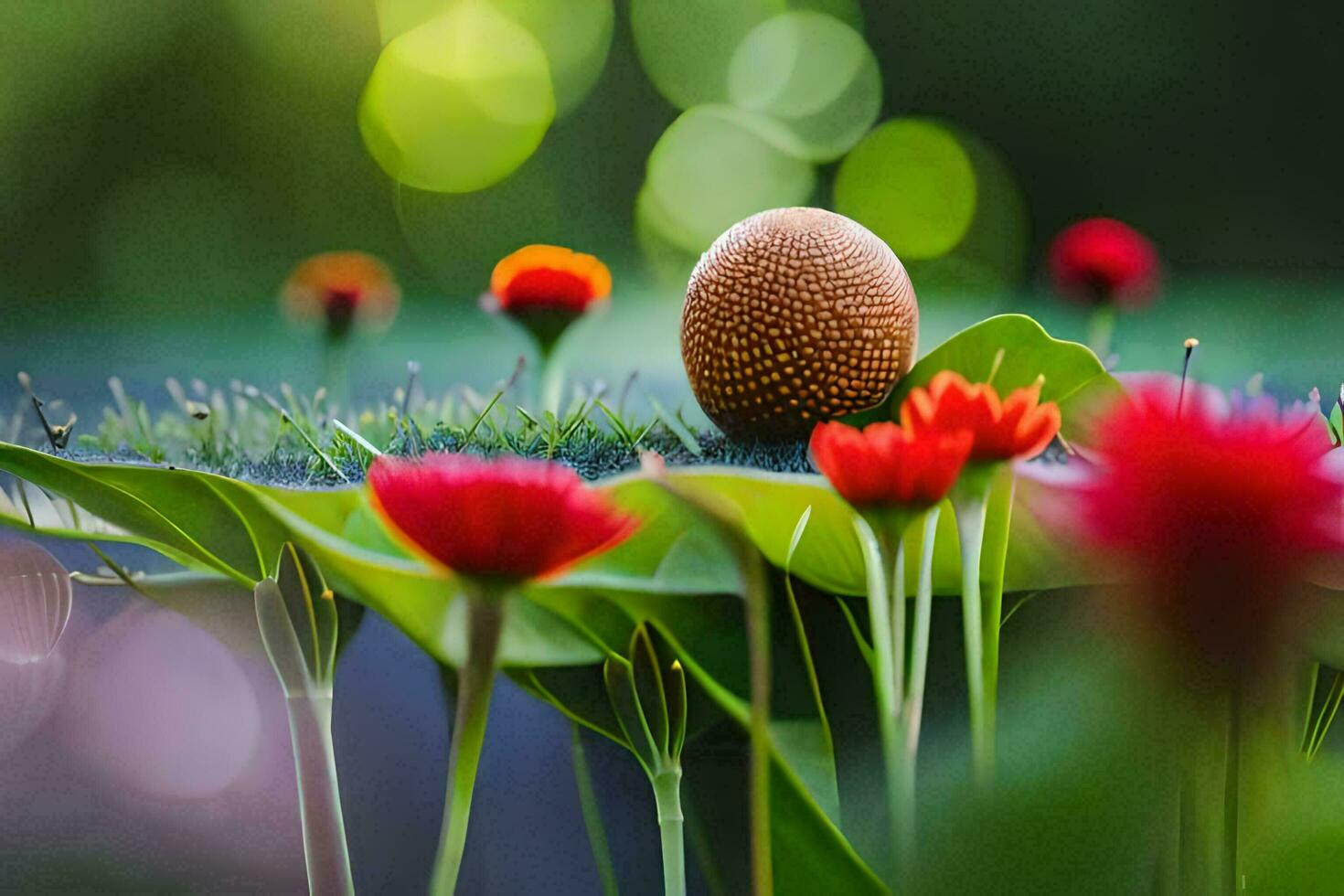 a small egg sitting on top of a bunch of flowers. AI-Generated photo