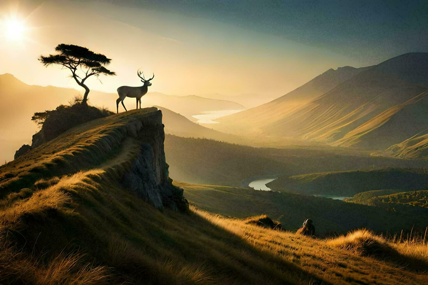 the deer is standing on the edge of a cliff overlooking the valley. AI-Generated photo