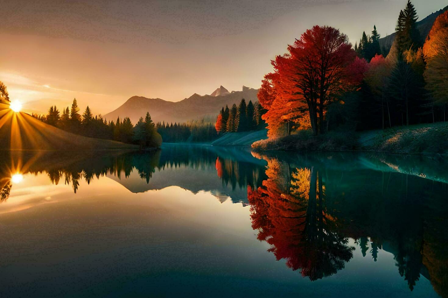 photo wallpaper the sky, trees, mountains, lake, the sun, autumn, the mountains,. AI-Generated