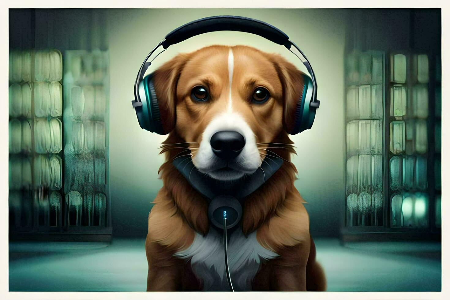 a dog wearing headphones in a dark room. AI-Generated photo