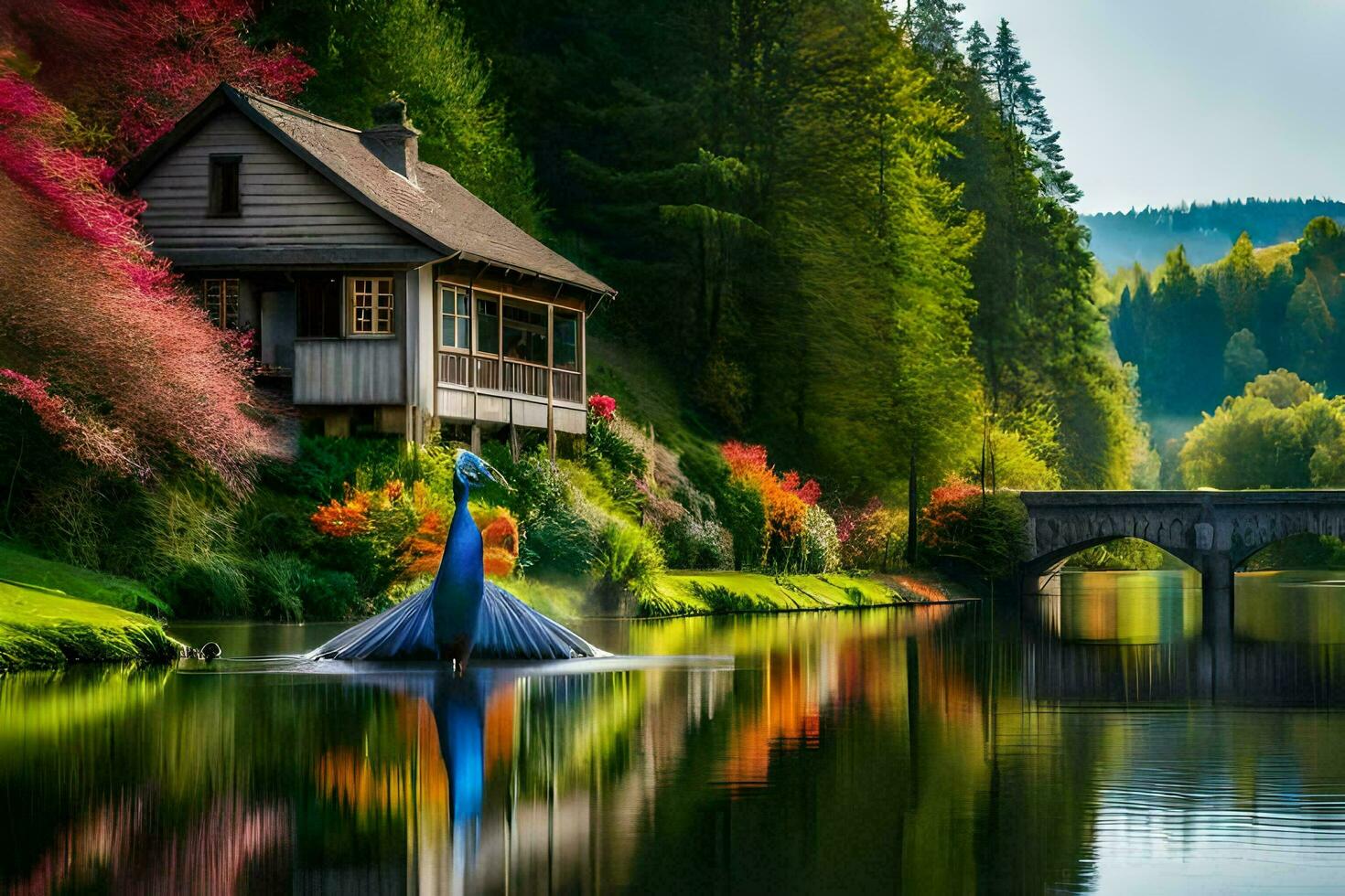 a house on the water with a blue bird. AI-Generated photo