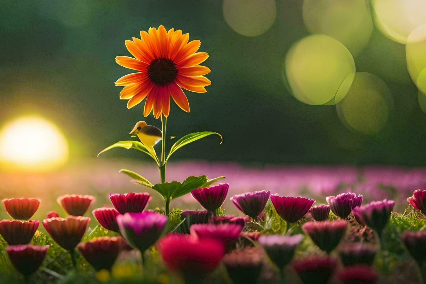 a single sunflower is standing in the middle of a field. AI-Generated photo