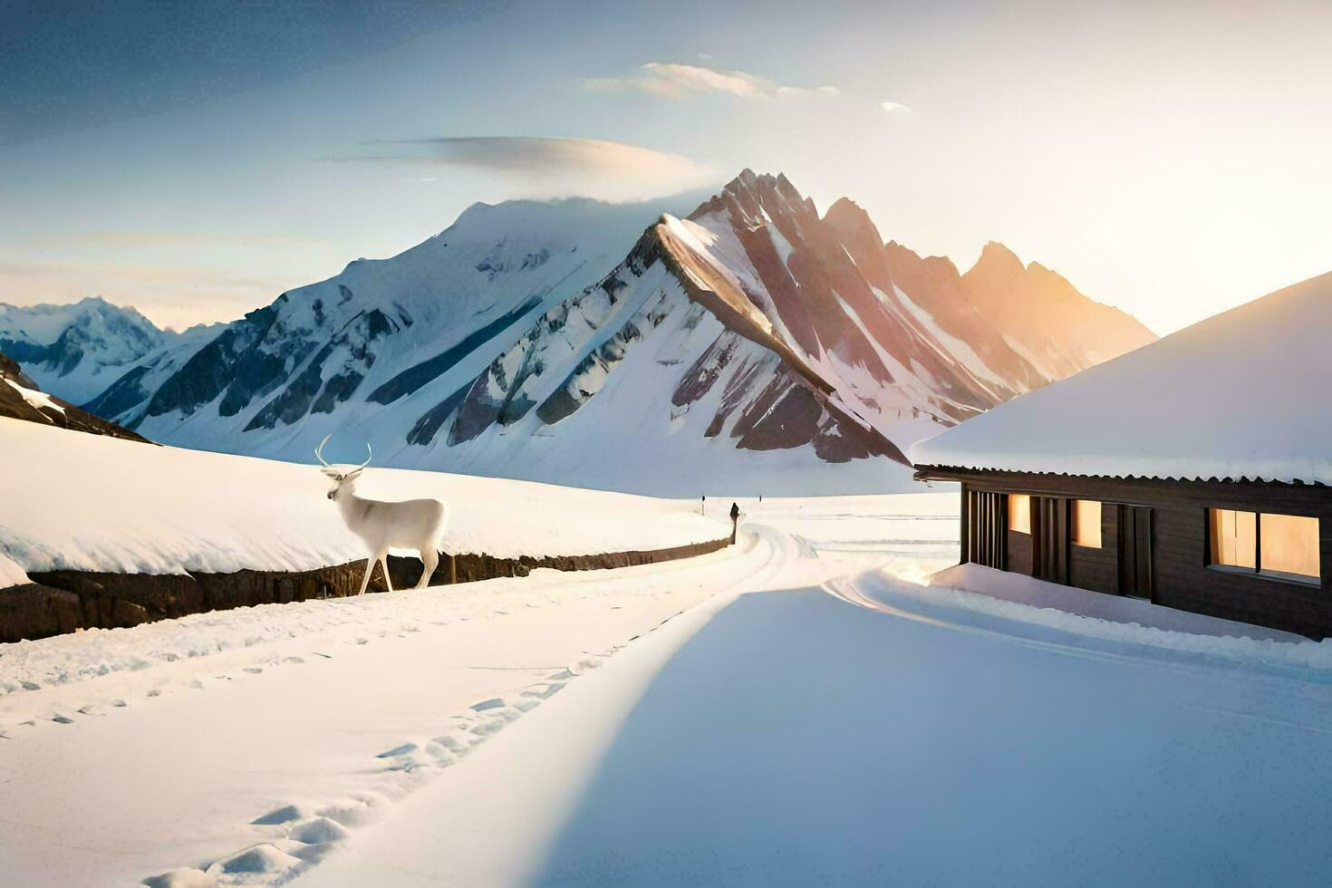 a deer stands in front of a cabin in the snow. AI-Generated photo