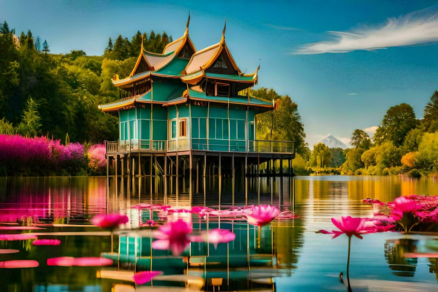 a beautiful pagoda sits on the water with pink flowers. AI-Generated photo