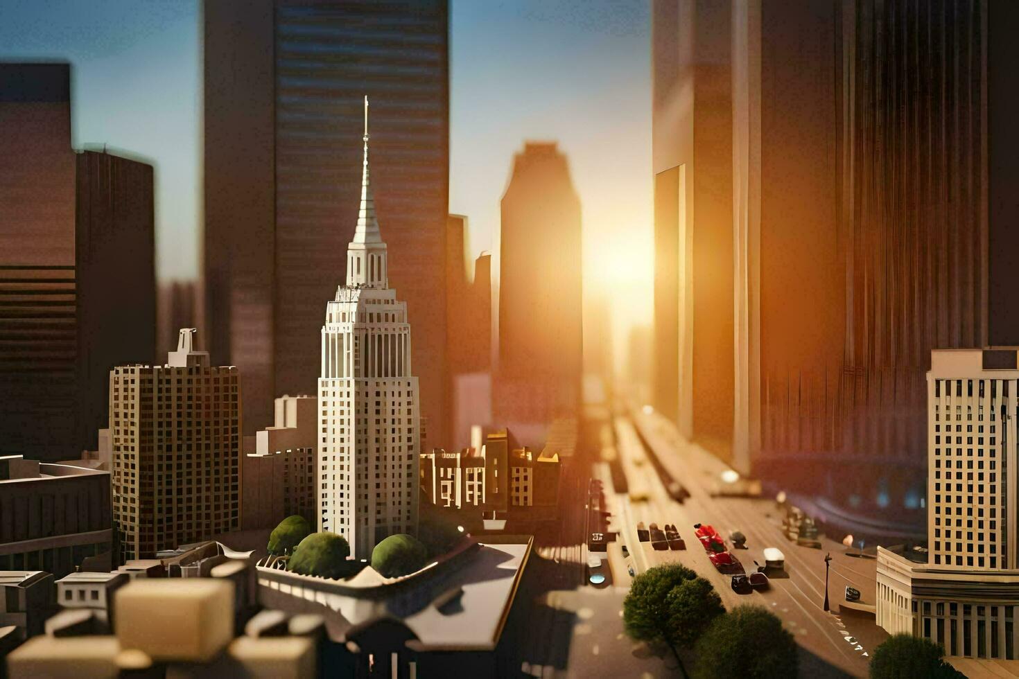 a city with tall buildings and traffic on the road. AI-Generated photo