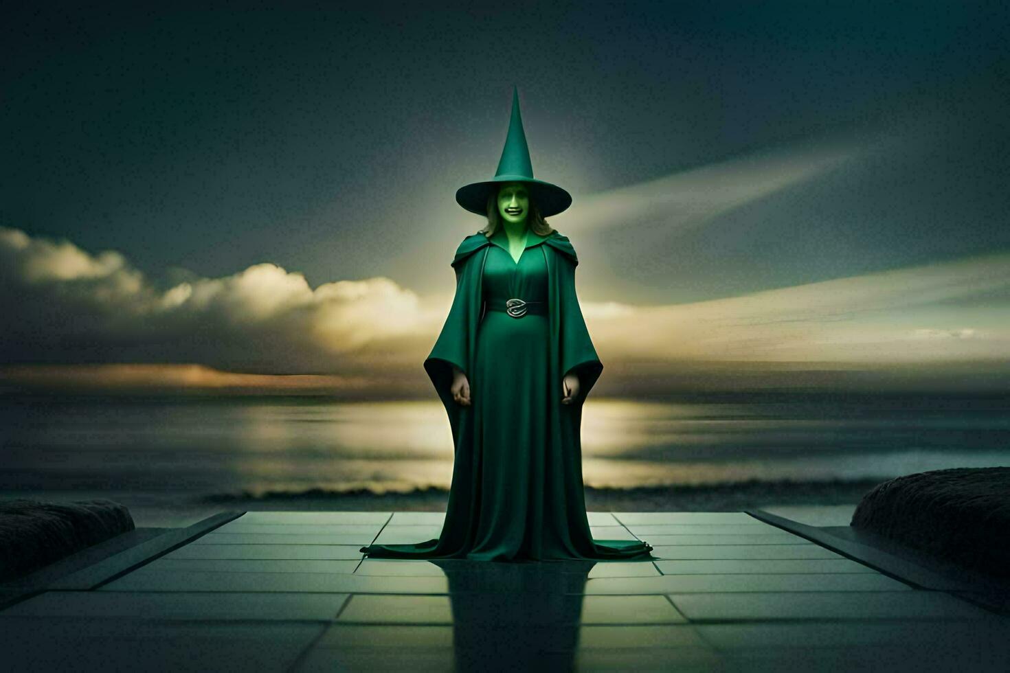 a woman in a green dress standing on a pier. AI-Generated photo