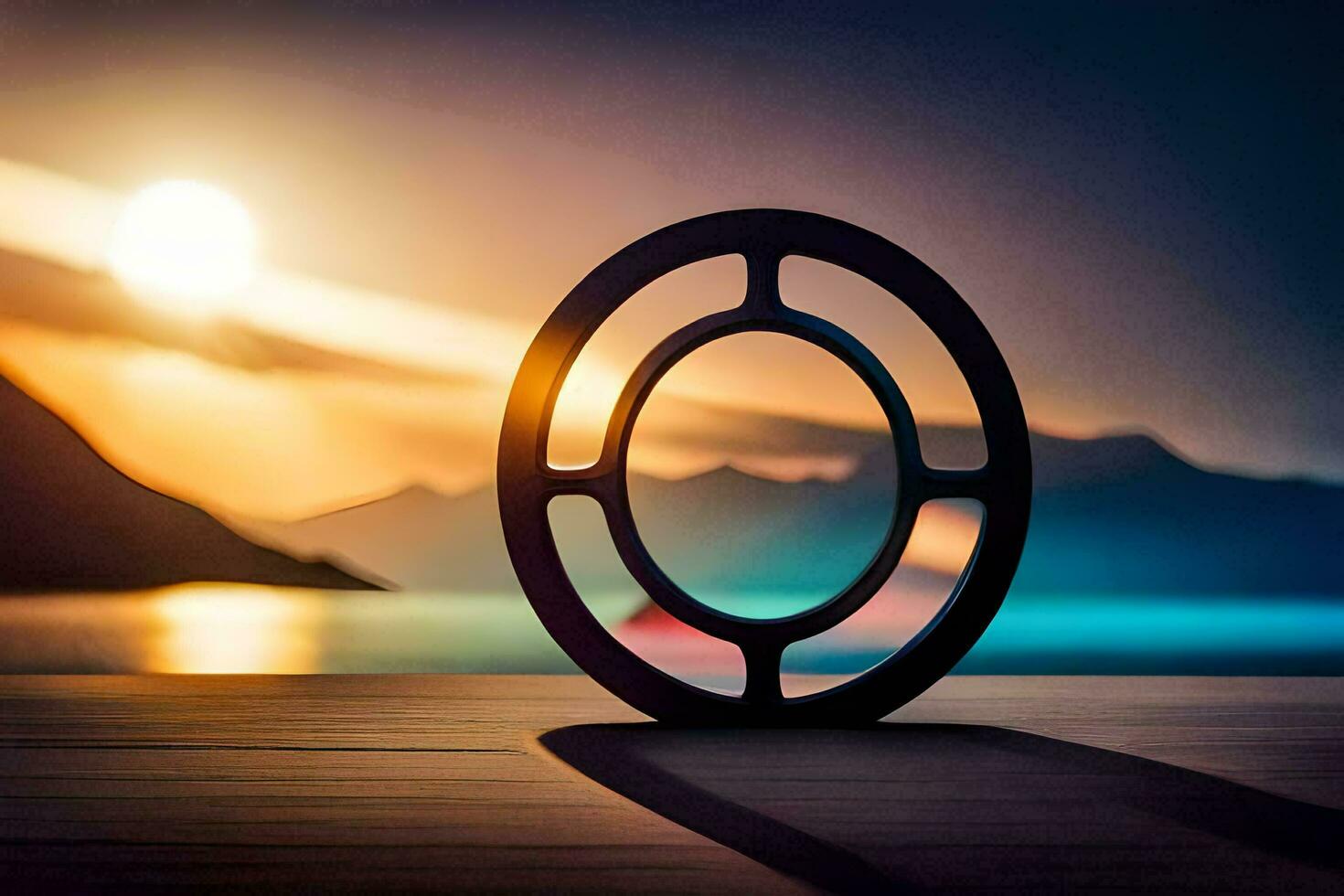 a circular object with a sunset in the background. AI-Generated photo