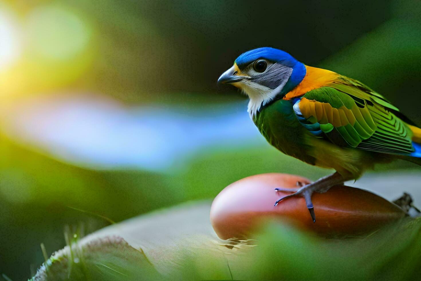 a colorful bird sits on top of an egg. AI-Generated photo