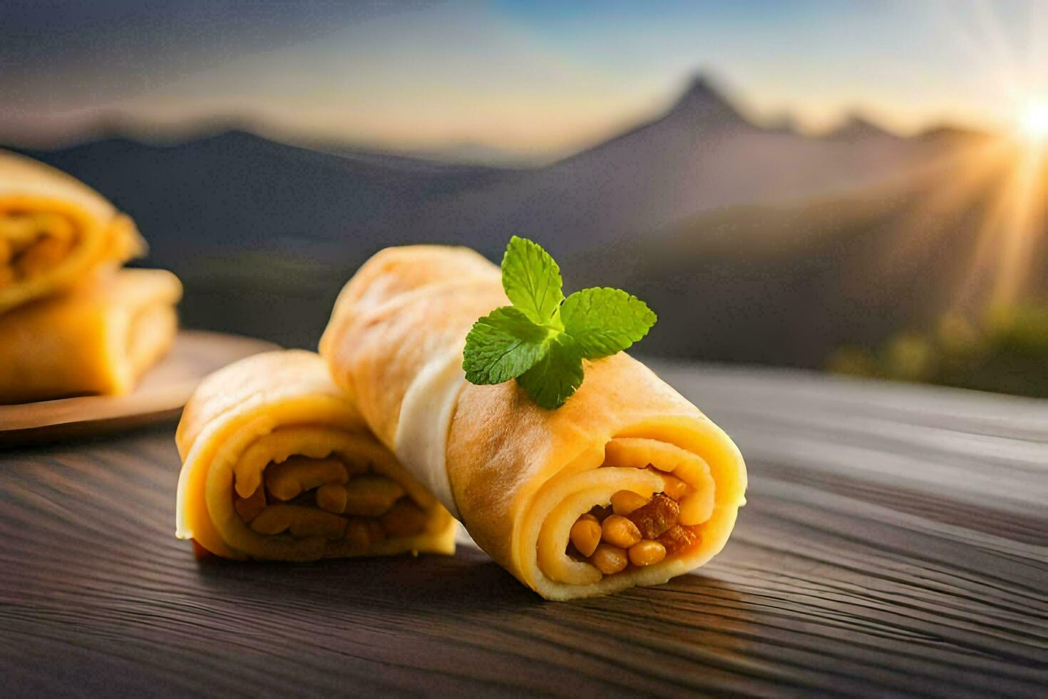 three rolls of food with a mountain in the background. AI-Generated photo