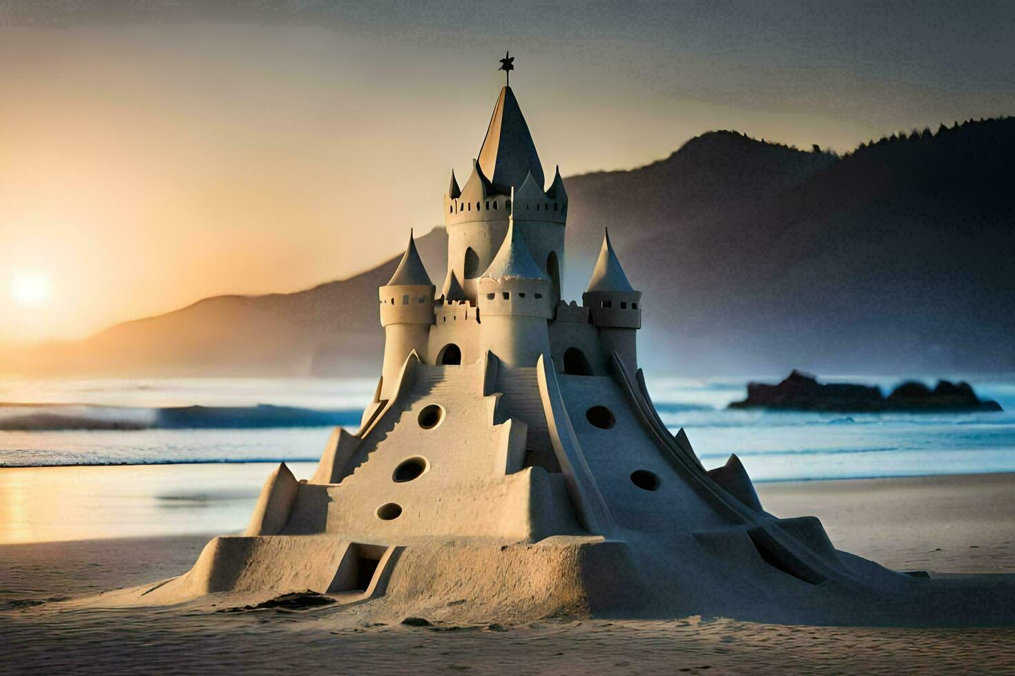 a sand castle on the beach at sunset. AI-Generated photo