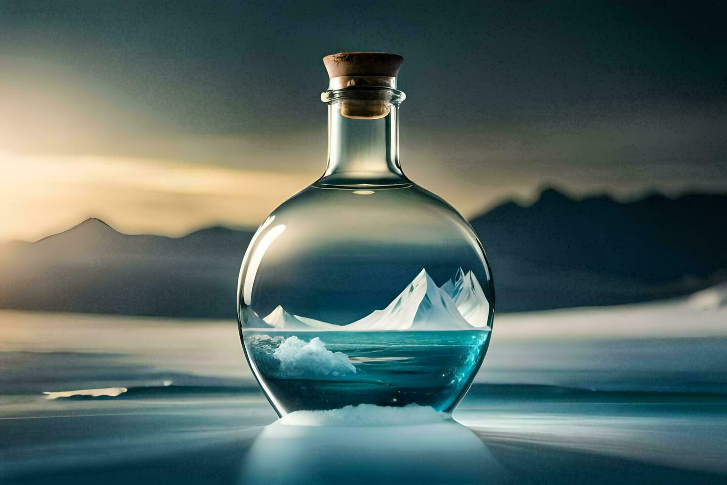 an iceberg in a bottle with water and mountains in the background. AI-Generated photo