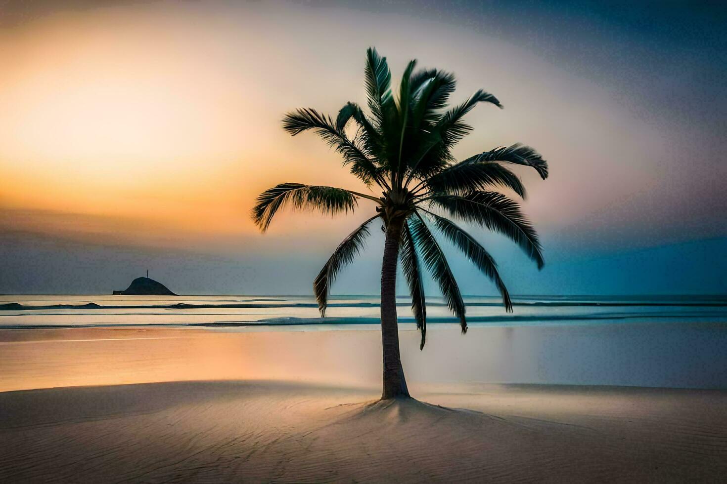 a lone palm tree stands on the beach at sunset. AI-Generated photo