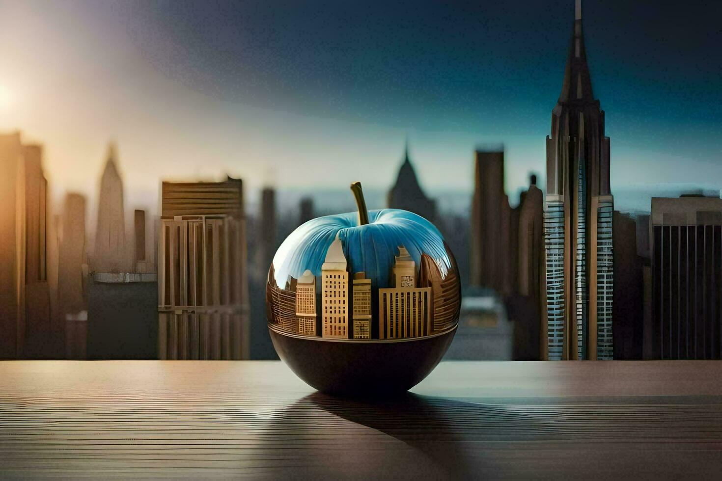 an apple with a cityscape in it on a table. AI-Generated photo