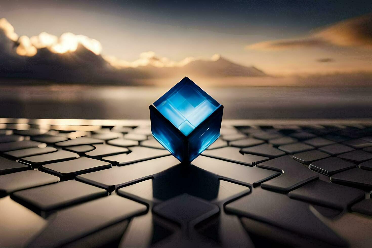 a blue cube sitting on top of a laptop. AI-Generated photo