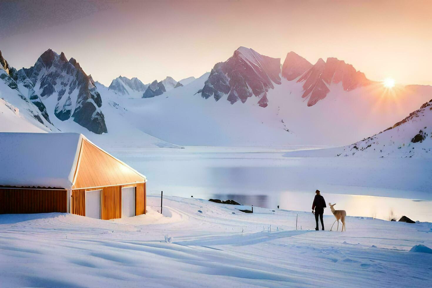 a man and his dog are standing in the snow near a cabin. AI-Generated photo