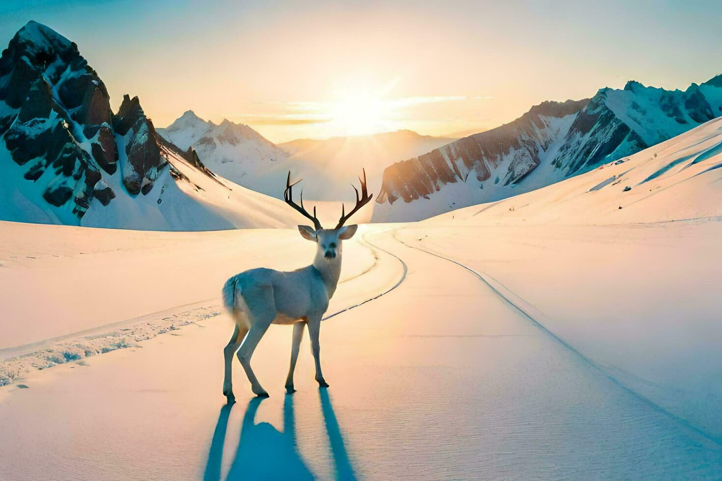 a deer stands in the snow at sunset. AI-Generated photo
