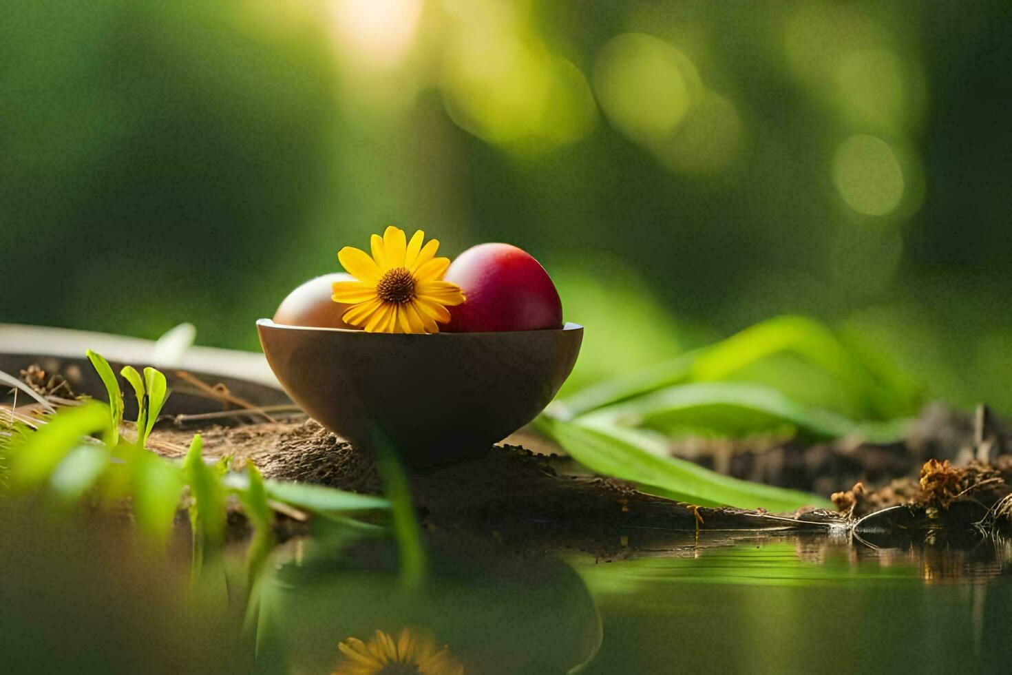 photo wallpaper water, the sun, the grass, the flowers, the water, the flowers,. AI-Generated