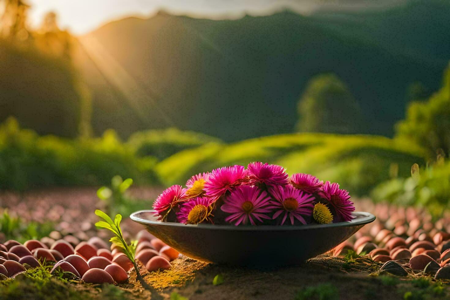 photo wallpaper the sky, flowers, sun, mountains, flowers, the sky, flowers, the. AI-Generated