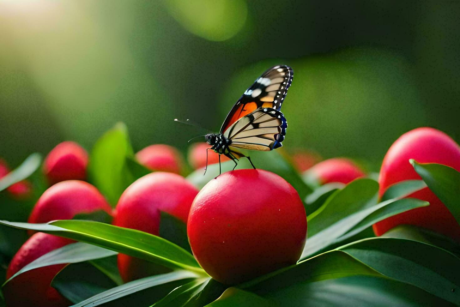 a butterfly on top of red berries. AI-Generated photo